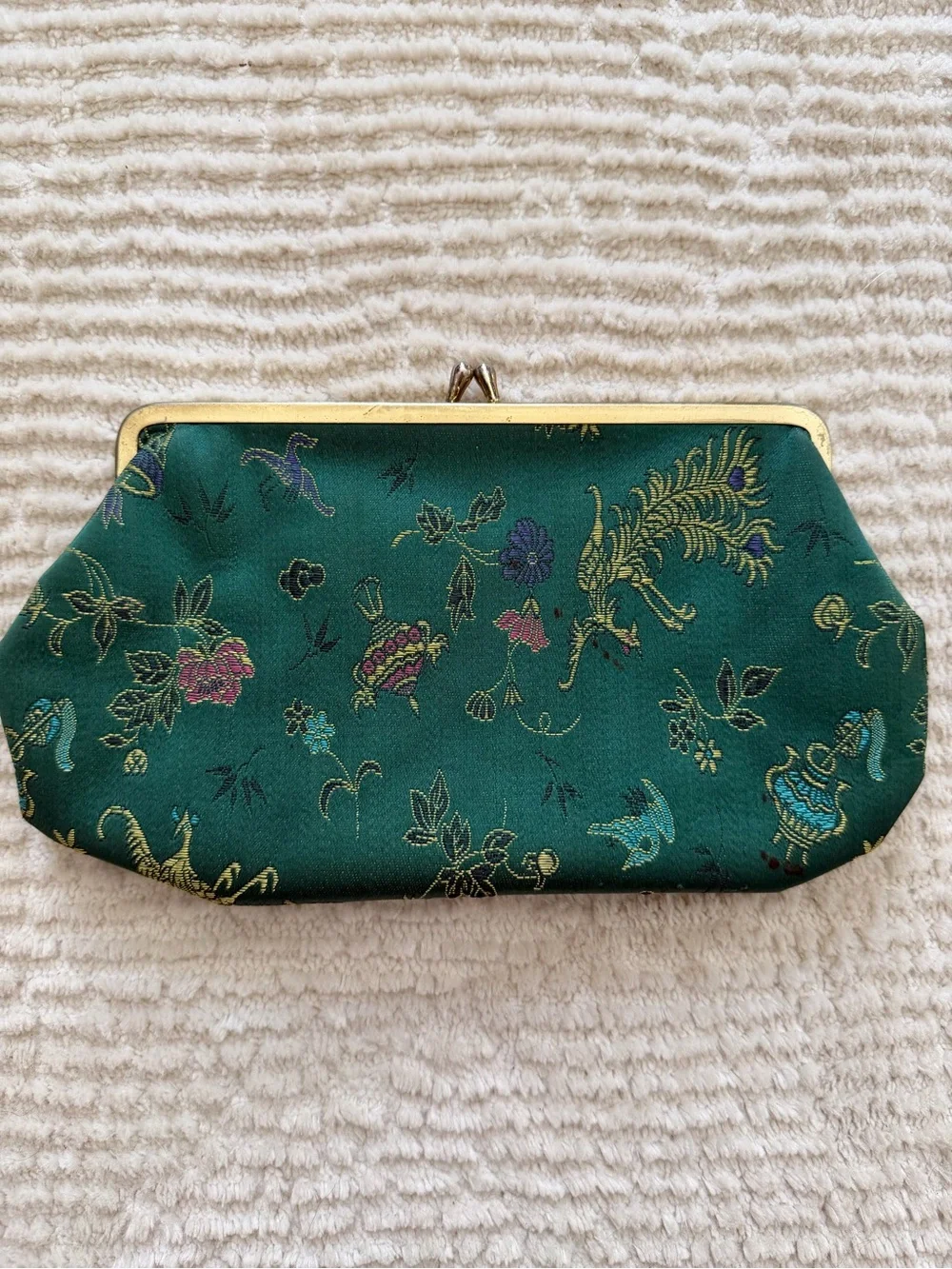Vintage Emerald Green Asian Brocade Kiss Lock Clutch Purse